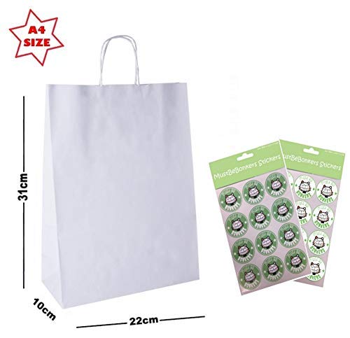 20 x A4 Paper Party Gift Bags With Seal Stickers - Boutique Shop Loot Carrier Bag - Choose Colour (White) — image 1