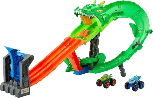Hot Wheels Toy Monster Trucks, Sharks vs. Dinos Dragon Destruction Playset with 1:64 Scale Great Bite & Rageasaur, Race to Defeat The Cyborg Nemesis