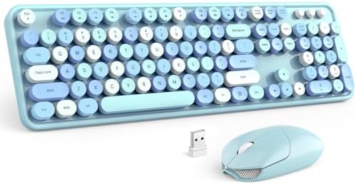 Wireless Keyboard and Mouse Combo, MOFii 2.4G Full-Sized Cute Keyboard with Number Pad and Colorful Retro Typewriter Round Keys, for PC Desktop Computer Windows.