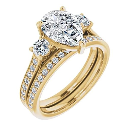 Solitaire Moissanite Engagement Ring Set, 2 CT Pear Cut Diamond Bridal Wedding Ring Set for Women Propose Gifts Anniversary Her, VVS1 Colorless, 10K 14K 18K Solid Gold, 925 Silver (925 Silver (Yellow Gold Plated))