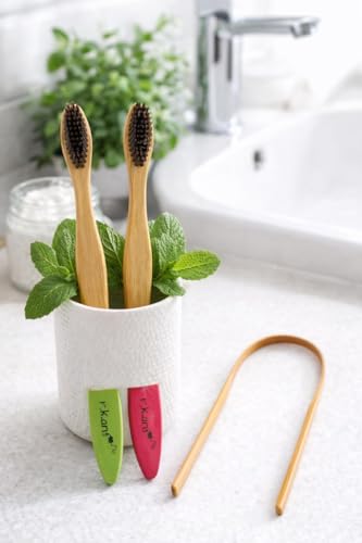 Image of R.Kant Pack of 2 Bamboo Toothbrush Combo for Adults | Green & Pink | Charcoal Infused Soft Bristles | Eco-Friendly Handle | Includes 2 Toothbrushes & 1 Bamboo Tongue Cleaner