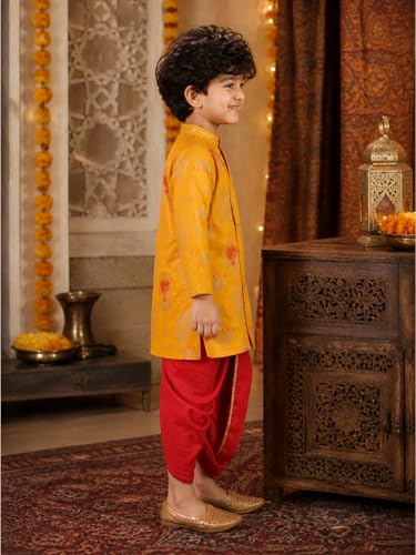 Image of superminis Boy's Golden Foil Printed Side Open Cotton Kurta, Round Collar, Full Sleeves Ethnic Wear Dhoti Kurta Set