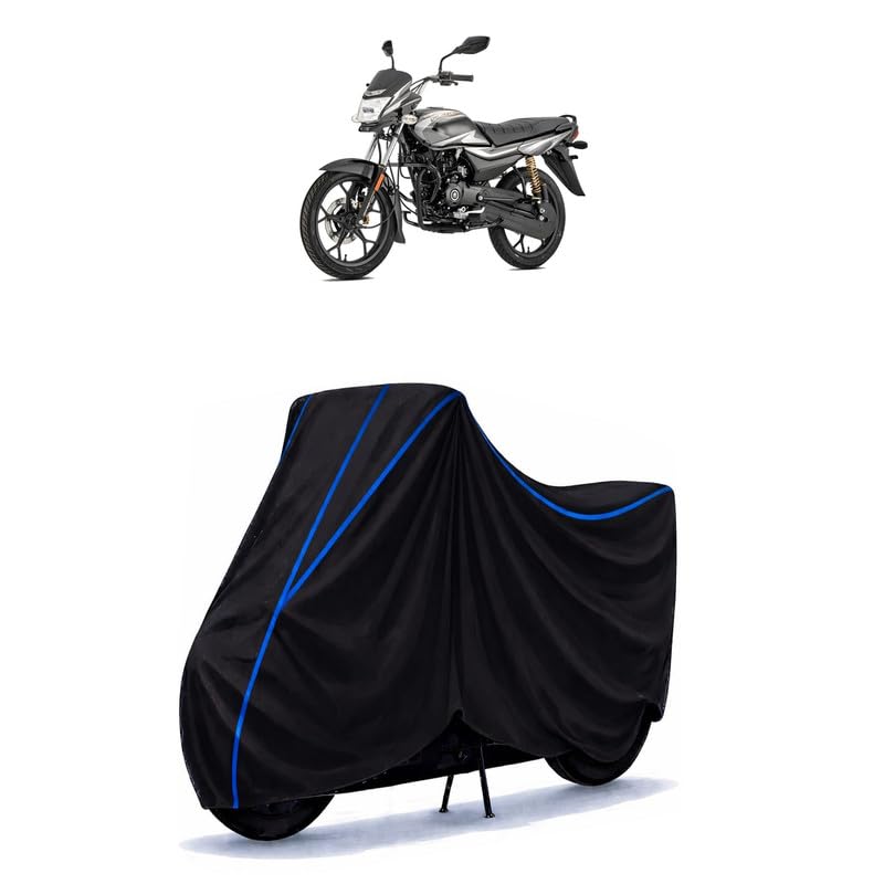 Image of Bajaj Platina 125 EFI ABS Bike Cover Water Resistant Universal Motorcycle Rain | Heavy Duty UV Protection, Dust, Scratch Indoor Outdoor All Weather with Black Blue Piping Elastic