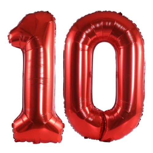 Image of Number 10 Balloon Foil Mylar Balloons for Birthday Party Decoration (Red, 40 Inch)