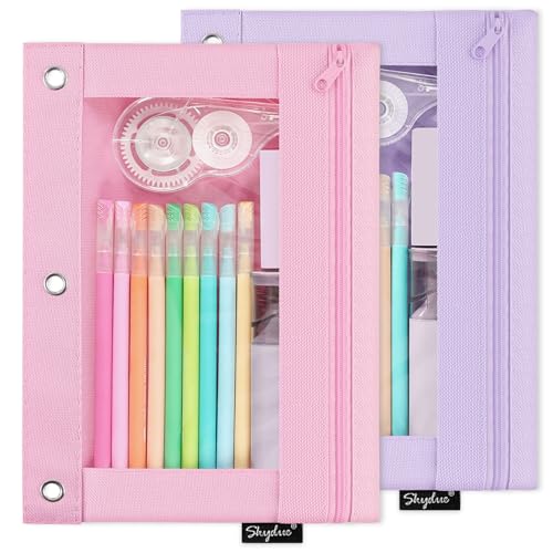 SKYDUE Pencil Pouch for 3 Ring Binder Zipper Pencil Pouches for Girls Boys Clear Window Pencil Case for Binder Binder Pencil Pouch Pencil Bag with Zipper Pink & Purple