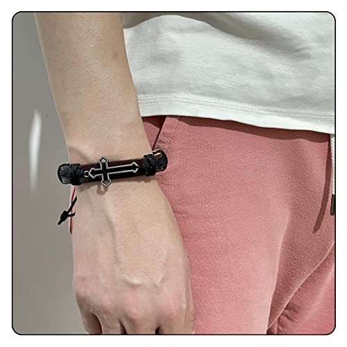 Fusamk Fashion Cross Tag Bangle Adjustable Leather Cuff Wristband Drawstring Rope Bracelet(Brown Leather Black Rope) #TOP5