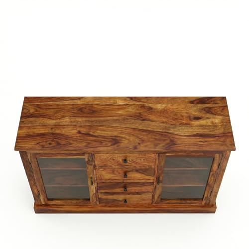Image of SONA ART & CRAFTS Solid Sheesham Wood Sideboard Cabinet Storage Organizer with 4 Drawer & 2 Glass Door Crockery Cabinet for Home Kitchen Living Room & Bedroom Shelves Cabinets Hallway (Honey Finish)