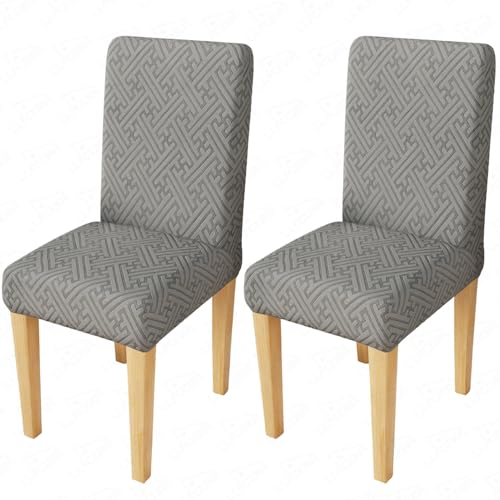 Image of Lukzer Elastic Dining Chair Cover - 2PC Pastel Dark Grey Grid Maze | Textured High Stretch Jacquard Seat Cover | Removable Washable Short Dining Chair Cover Protector Seat Slipcover | (CC-104-2)