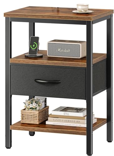 Bedside Table Nightstand with Adjustable Fabric Drawer Bedside Stand for Bedroom 3-Tier Storage Side Table for Living Room Rustic Brown and Black