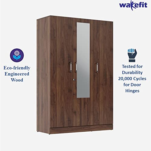 Image of Wakefit Wardrobe | 1 Year Warranty | Engineered Wood Almirah, Cupboard for Clothes Storage | 3 Door, Mirror, 1 Drawer, 1 Hanging Space | Gingham - Columbian Walnut