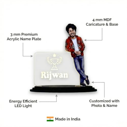 Image of Personalized LED Acrylic Name Plate with Custom Caricature - Customized Gift for Men, Birthday & Valentine's Day Gift, Desk Decor Showpiece, Full Clothes Bodybuilder Caricature