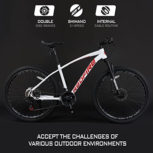 Redfire Mountain Bike Mens And Womens, 21-Speed Shimano Drivetrain, 27.5-Inch Wheels, 17-Inch Steel Frame, Front Suspension And Dual Disc Brakes, Youth/Adult Hardtail Bike, Red White #TOP1