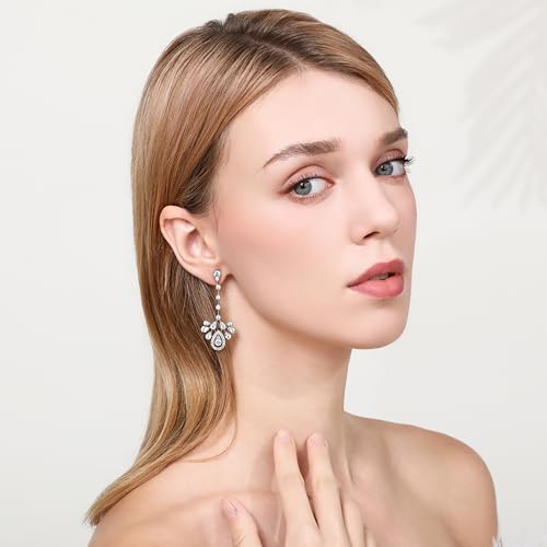 Frwiskp Wedding Bridle Earrings for Brides Silver Earrings 14K White Gold Plated Sterling Silver Cubic Zirconia Dangle Chandelier Tassel Earrings Hypoallergenic Jewelry Gift, 14k Genuine White Gold - Image 6