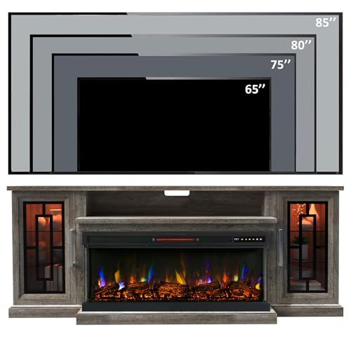 Unineo 75 Inch Electric Fireplace TV Stand, 3- Side Glass LED Modern Media Entertainment Center Console Table for TVs up to 80/85 Inch w/Adjustable Flame, 40&rsquo;&rsquo; Fireplace, Highboy, Gray Wash