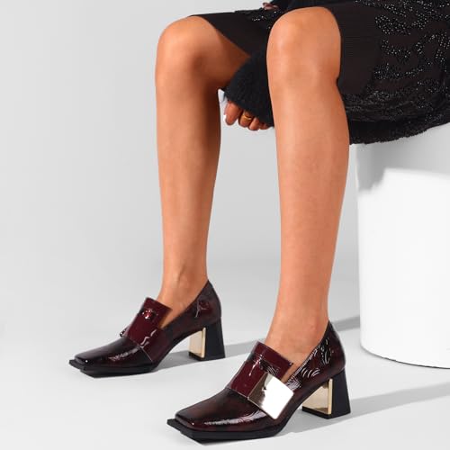 Image of Loafers for Women Patent Leather Buckle Square Toe Chunky Block Dress Slip On Wide Casual Comfortable Dressy High Heels Ladies Comfort Moccasins Elegantes 2 Inch Shoes