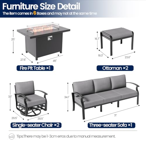 Image of Aluminum Patio Furniture Set with Fire Pit Table, 7 Seats Outdoor Patio Conversation Sets with Swivel Chairs, Modern Metal Sectional Sofa with Upgrade Cushions for Patio, Backyard, Deck - Grey