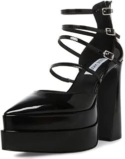 Clara Black Patent Buckle Straps Back Zipper Pointed Toe Pumps (Black Patent, 6.5)
