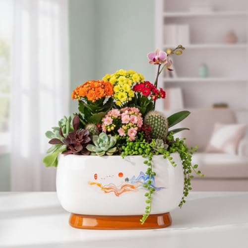 Image of Xtore Graceful Landscape Ceramic Planter Bowl for Home & Office Decor | Hand-Painted Glazed Flower Pot for Living Room, Balcony, Tabletop & Shelf Styling (Green, 19.3cm x 13cm)