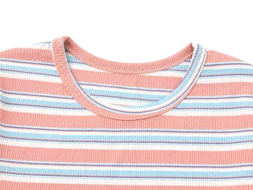 Image of Girls Striped T-Shirt Lettuce Trim Short Sleeve Top Size 6-16 | Soft stretch ribbed knit fabric, breathable blouse,summer outfit for big girls & teen, for school, party and daily activity