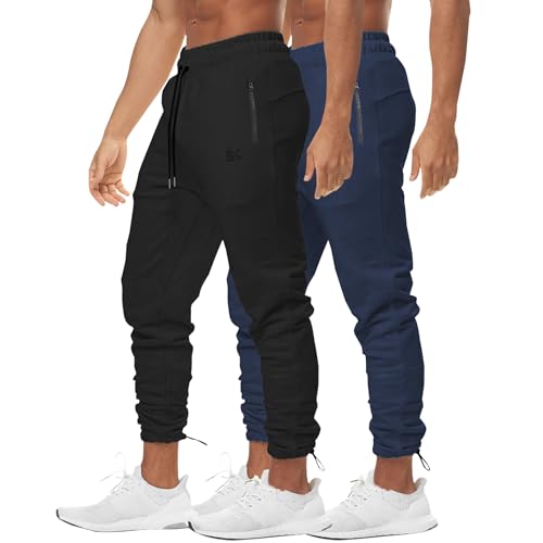 Image of BROKIG 2-Packs Mens Vertzip Gym Joggers, Ankle Cords Running Slim Fit Skinny Tapered Sports Trousers for Men with Pockets(Large,Black/Navy Blue)
