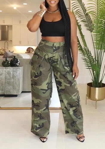 LROSEY Women’s Camo Cargo Pants Casual Army Fatigue Pants Camouflage High Waisted Wide Leg Trousers with Flap Pockets3