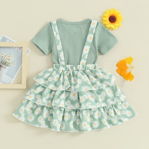 Image of Toddler Baby Girl Summer Clothes Kids Short Sleeve Solid T-Shirt Ruffle Daisy Skirts Overalls Dress Outfit 18M-6T