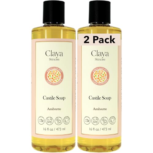 Image of Claya Ambrette Liquid Castile Soap - Organic Ingredients, Biodegradable, Gentle for Sensitive Skin and Versatile Use (2 Pack of 16 fl oz (Disc Cap))