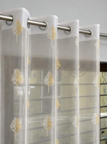 Image of Fabrilia Embroidered Tree Pattern Tissue Net Sheer Curtains for Window | Transparent Curtain with Elegant Leaf Tree Embroidery | Cream | 5 feet | Set of 2