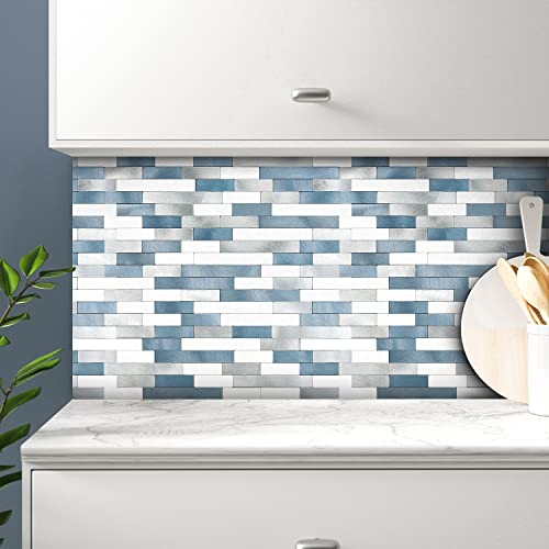 Peel And Stick Stone Backsplash For Kitchen, Bathroom Blue White Silver Marble Metal Stick Title On Wall Tiles Backsplash (5 Sheets, 4.84 Sq.ft) #TOP1