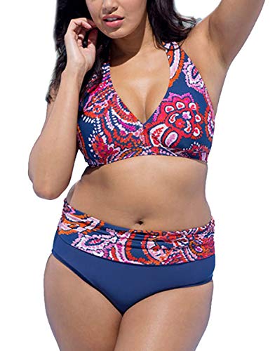 Joligiao Bikinis Mujer Conjunto de Bañador Dos Piezas Traje de Baño Tallas Grandes Acolchado de Cintura Alta Bikini Estampado Playa Verano Tankini (Rojo,XXL)