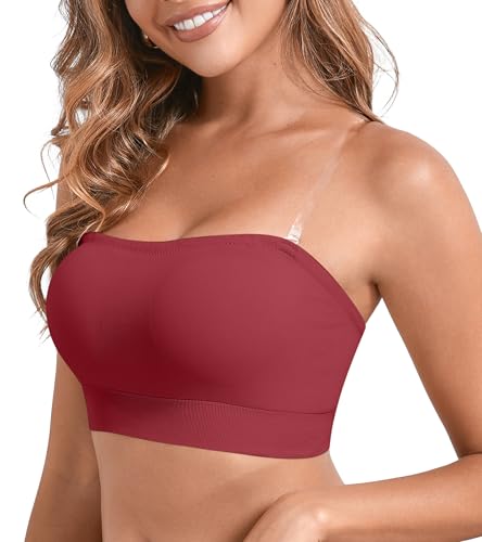 Image of DEANGELMON Strapless Bras for Women Wireless Push Up Non-Slip Bandeau Bra Seamless Clear Straps TubeTop Padded Bralette