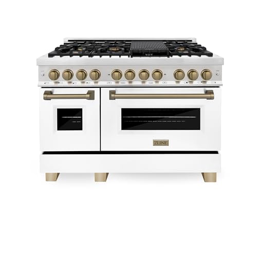 Comparison: Best 7 Burner Gas Stove 8 ZLINE Autograph Edition 48 in. 6.0 cu. ft. Legacy Dual Fuel Range with 7 Burner Gas Cooktop and 2 Electric Ovens in Stainless Steel with White Matte Doors and Champagne Bronze Accents (RAZ-WM-48-CB)