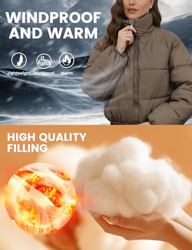Wyeysyt Women's Cozy Coffee Cropped Puffer Jacket: Lightweight and Stylish Winter Essential - Image 2