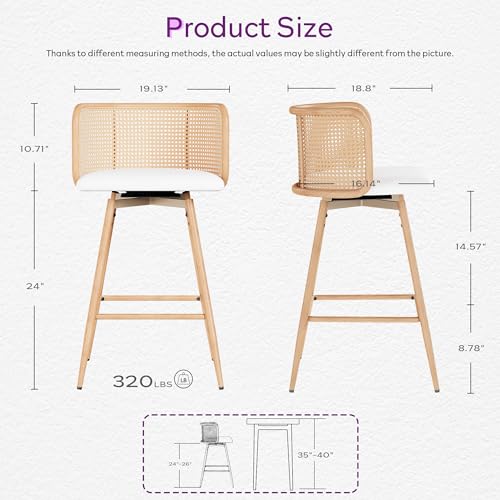 Image of 26 inch Swivel Rattan Bar Stools Set of 4, Counter Height Barstools, White | TYBOATLE, Farmhouse, Mid-Century Modern, Natural, Rattan Woven Back, Faux Leather Seat, Island, Kitchen