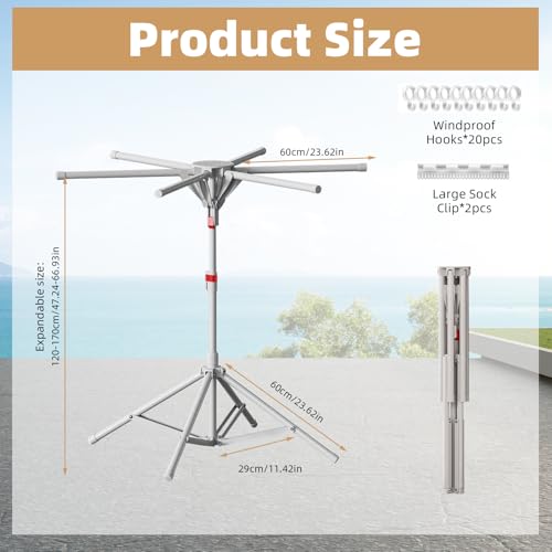 Foldable Tripod Clothes Drying Rack Portable Height Adjustable Laundry Airer Stand with 6 Arms Hanger Indoor/Outdoor Garment Storage Rail (Grey) - Image 2