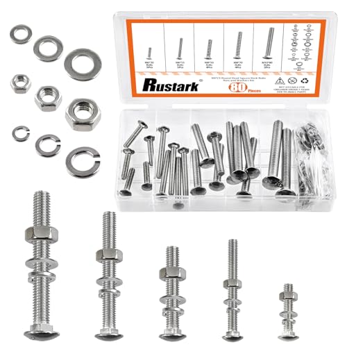 Image of 80Pcs 5 Sizes 304 Stainless Steel Carriage Bolts with Nuts and Washers Kit Silver Square Neck Carriage Bolts Screws Metric Round Head Carriage Bolt for Machinery Industry