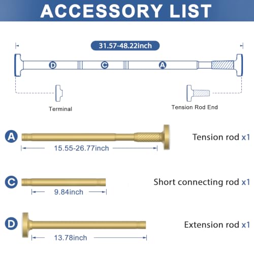 Image of Tension Curtain Rod 32-48Inch Gold Shower Rod Tension Rod Adjustable | Curtain Rods no Drilling Curtain Rods for Windows,Closets,Doorway
