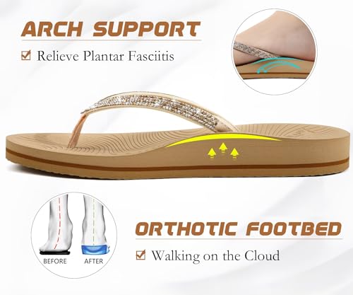KuaiLu Women's Rhinestone Flip Flops with Comfort Arch Support Yoga Mat Cushion Sandals Fashion Summer Beach Travel Orthotic Walking Thong Sandles Slip on Plantar Fasciitis Indoor Outdoor Shoes3