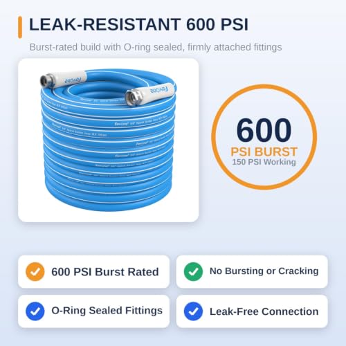 Image of FEVONE Kink Free Garden hose 100 ft, Heavy Duty Water Hose | Drinking Water Safe, Flexible Lightweight Hybrid Polymer, 5 /8 ID, 600 PSI, Leak-Free, Aluminum 3 /4 GHT Connectors