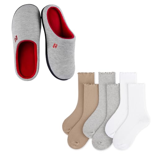 RockDove Women's Set Original Two-Tone Memory Foam Slipper (Size 7-8 US Women, Light Grey/Red) & Lettuce Trim All-Season Socks