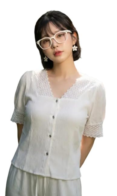 Women's White Lace Trim V-Neck Blouse, Short Puff Sleeves, Button-Down, Casual Summer Top-picture-37