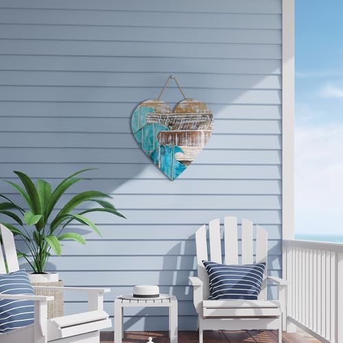 Wesiti Blue Wave Heart Wood Wall Decor Heart Wall Sign Farmhouse Wooden Hanging Sign Summer Decoration Blue Wave Wooden Coastal Art for Home Lake House Living Room Bathroom Decor - Image 3