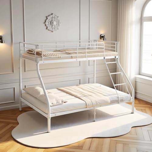 DORAFAIR Litera de Metal Cama, Literas para Niños Juveniles y Adultos Escalera y Protección Anticaídas Cama Alta, Adecuado para colchones de 90x200cm/140x200 cm - Blanco