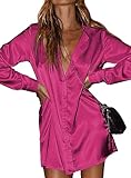 Blissshow Women's Satin Dresses Silk Shirt Button Down Long Sleeve Club Party Mini Short Dress with Belt Hot Pink