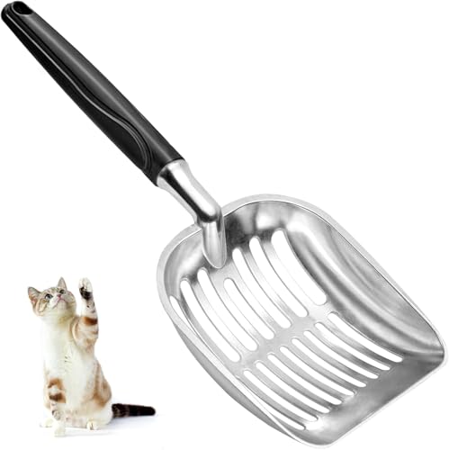 Showvigor Cat Litter Scoop, Metal Cat Scooper, Plastic Handle Scoop, Sifting Shovel – Heavy Duty Aluminum Alloy Litter Box Scoop with Deep Mesh, Design for Easy Waste Removal and Cleaning, (Black)