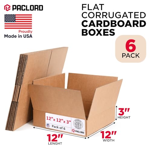 Image of Flat Cardboard Boxes 12 inchL x 12 inchW x 3 inchH (Pack of 6) - USA-Made Packing Boxes for Moving, Shipping, or Storage - USPS, UPS, FedEx Approved - Professional Packing Supplies for Moving