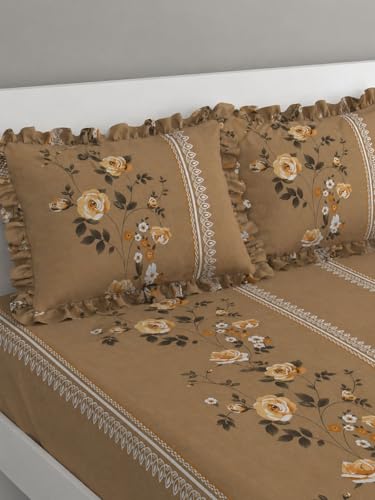 Image of VOMZER Queen Size (60x78) 300 TC Soft Cotton Feel Microfiber All Around Elastic Fitted Double Bedsheet with 2 Frill Pillow Covers | Beige Lily