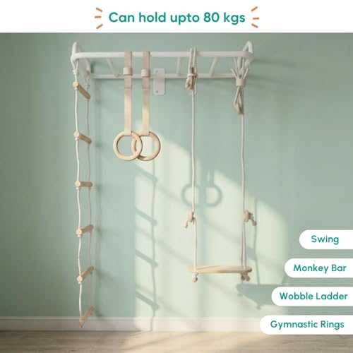 Image of Curious Cub All-in-One Monkey Bars for Kids Indoor Wall Mounted | Kids Pull Up Bar for Home Gym with Swing, Gymnastic Rings & Climbing Ladder | Indoor Jungle Gym Equipment (4+ Years)