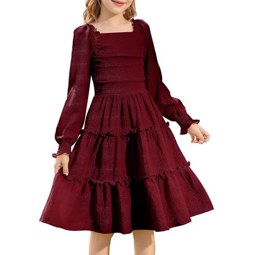 HOZIY Girls Long Sleeve Dress Ruched Smocked Tiered Ruffle A-Line Casual Boho Teen Dresses with Pocket Size 6-16 Years 7-8 Years Wine Red