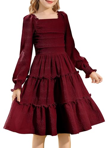HOZIY Girls Long Sleeve Dress Ruched Smocked Tiered Ruffle A-Line Casual Boho Teen Dresses with Pocket Size 6-16 Years